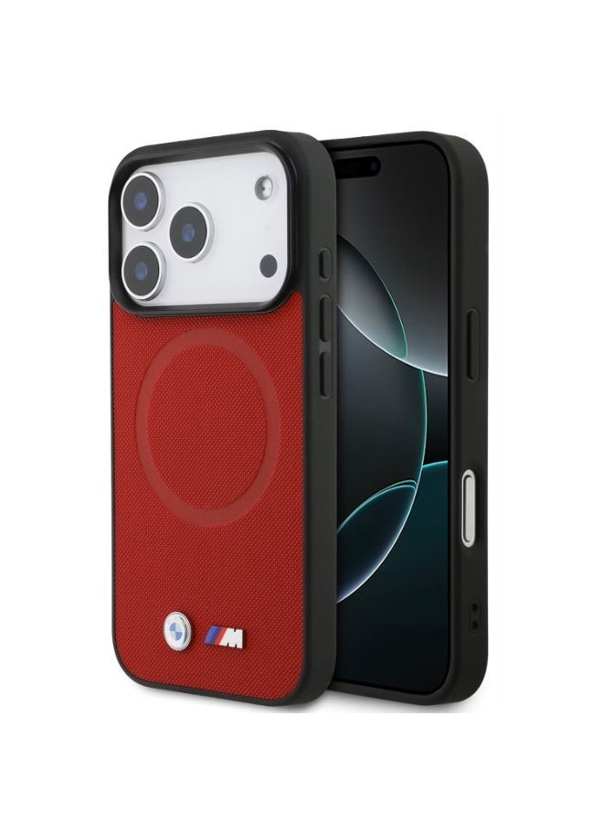 بي إم دبليو غطاء جلد كامل من بي إم دبليو MagSafe مع شعارات معدنية لهاتف آيفون 17 برو، تغليف مستدام، تصميم سهل التركيب، ملف نحيف، حماية من السقوط - أحمر - Image 1