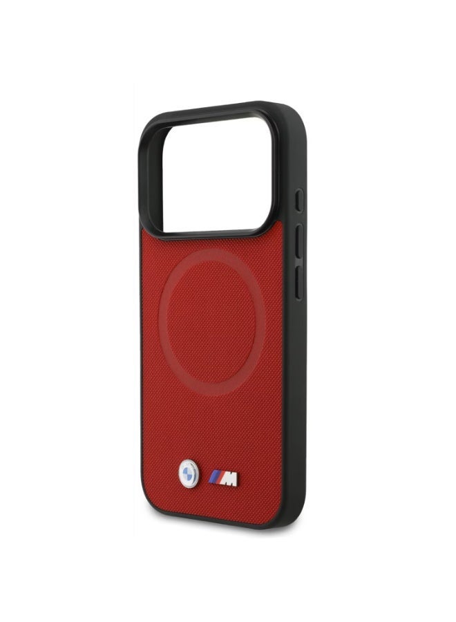 بي إم دبليو غطاء جلد كامل من بي إم دبليو MagSafe مع شعارات معدنية لهاتف آيفون 17 برو، تغليف مستدام، تصميم سهل التركيب، ملف نحيف، حماية من السقوط - أحمر - Image 2