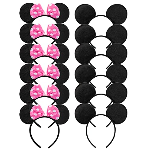 CHuangQi Mouse Ears Solid Black and Pink Bow Headband for Boys & Girls Birthday Party, Pack of 12 - Image 1