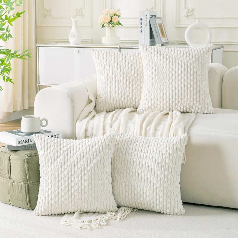 Cozoomy Set of 4 Cream White Decorative Pillow Covers 18x18 Inch Corduroy Throw Pillow Covers for Bed Couch Sofa Living Room Soft Cushion Cases - Image 1