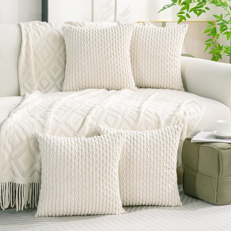 Cozoomy Set of 4 Cream White Decorative Pillow Covers 18x18 Inch Corduroy Throw Pillow Covers for Bed Couch Sofa Living Room Soft Cushion Cases - Image 2
