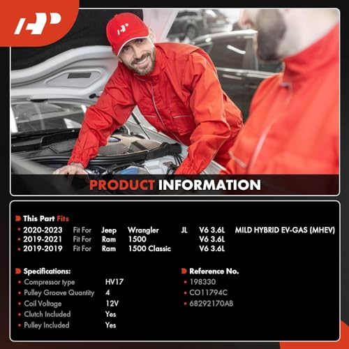 A-Premium Air Conditioner AC Compressor with Clutch Compatible with Ram 1500 2019-2021, 1500 Classic 2019 & Jeep JL Series Wrangler 2020-2023, 3.6L - Image 2