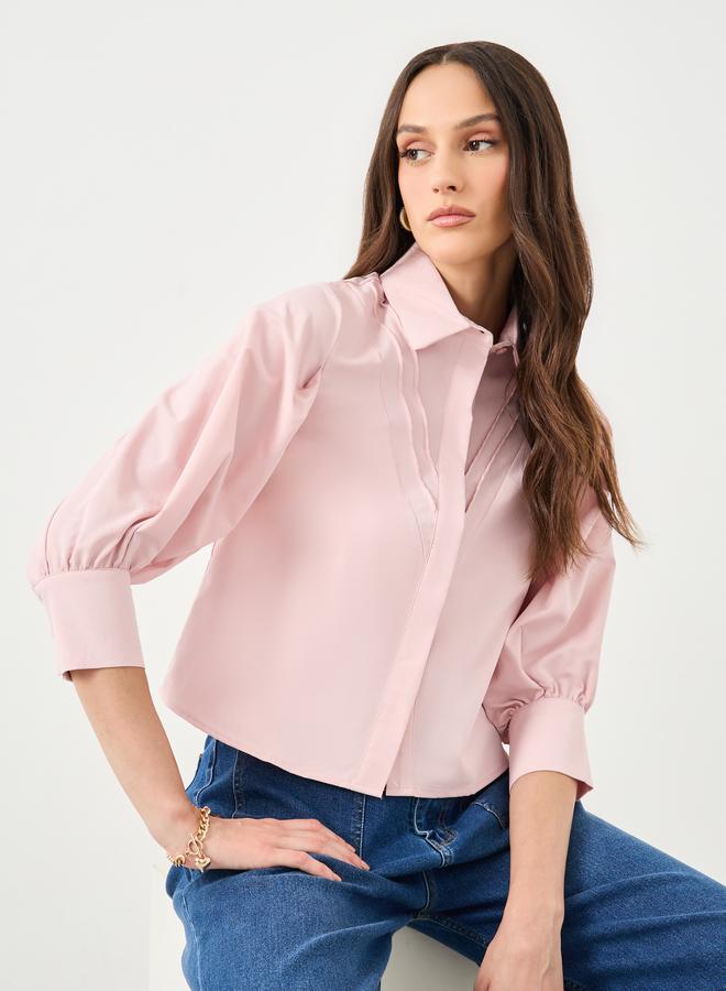 ستايلي قميص نسائي وردي بياقة وتفاصيل ثنيات - Image 1