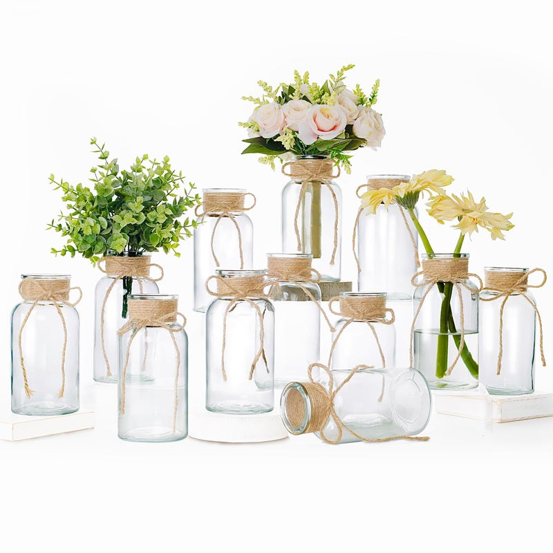Houmury Set of 12 Vintage Glass Vases for Flowers Farmhouse Clear Glass Vases for Centerpieces Small Flower Vases with Twine Ties for Wedding, Parties & Home Decor - Image 1