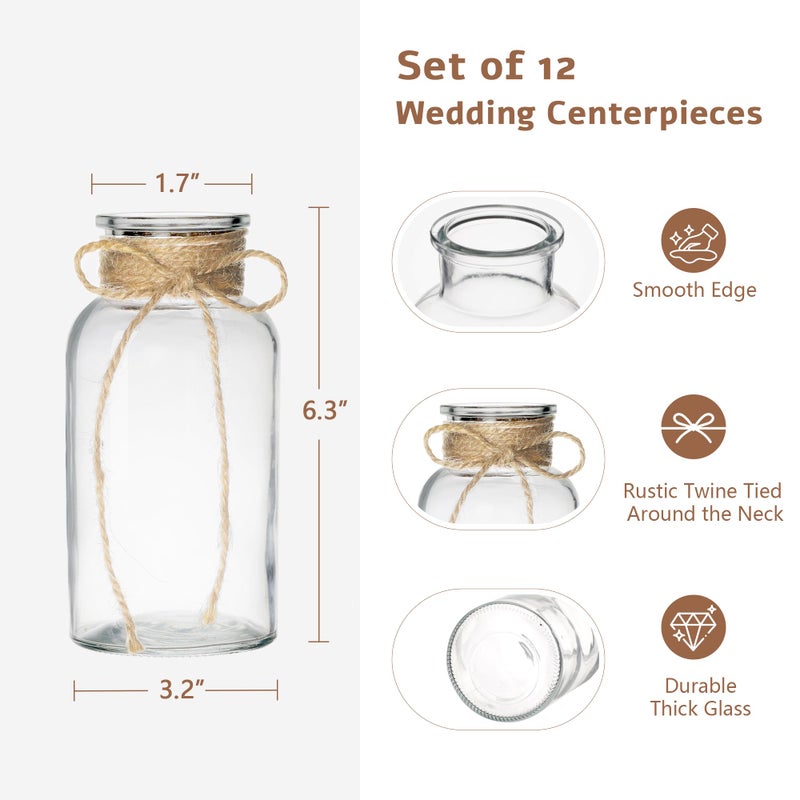 Houmury Set of 12 Vintage Glass Vases for Flowers Farmhouse Clear Glass Vases for Centerpieces Small Flower Vases with Twine Ties for Wedding, Parties & Home Decor - Image 5