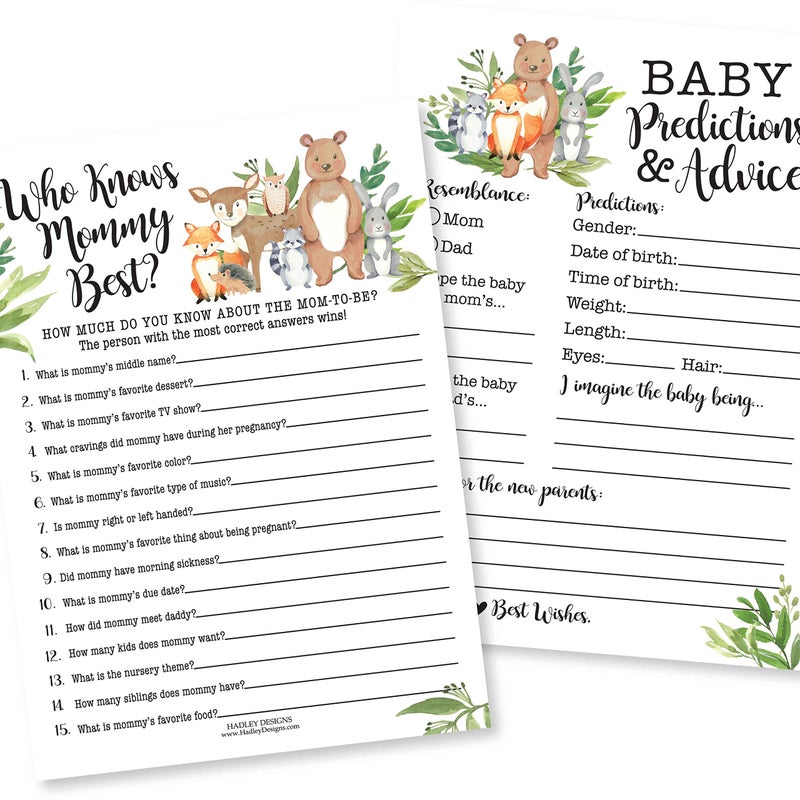Hadley Designs Hilarious Baby Shower Games Set 25 DoubleSided Cards for 25 Guests 2 Games Baby Prediction Cards Who Knows Mommy Best Gender Neutral and Fun for Boys Girls Woodland