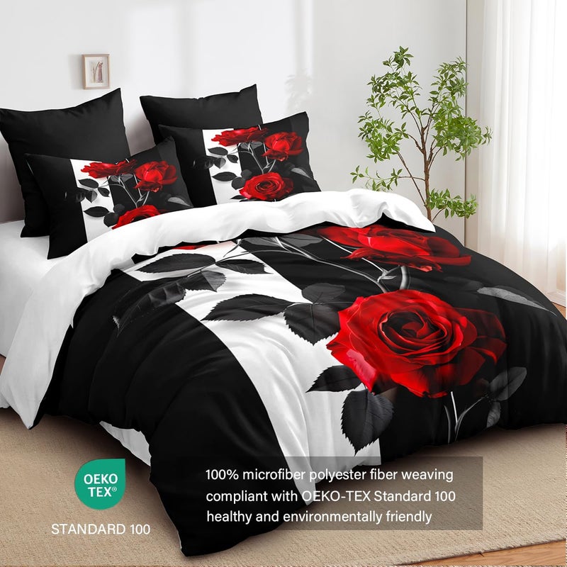 CCoutueChen Rose Comforter Set King Black Red Bedding Set Striped Floral Bedding for Women Aesthetic Comforter with 2 Pillowcases, Ultra Soft Lightweight 3Pieces - Image 3