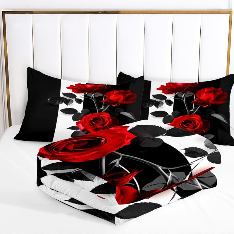 CCoutueChen Rose Comforter Set King Black Red Bedding Set Striped Floral Bedding for Women Aesthetic Comforter with 2 Pillowcases, Ultra Soft Lightweight 3Pieces - Image 4