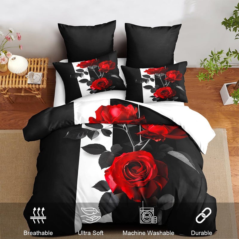 CCoutueChen Rose Comforter Set King Black Red Bedding Set Striped Floral Bedding for Women Aesthetic Comforter with 2 Pillowcases, Ultra Soft Lightweight 3Pieces - Image 2