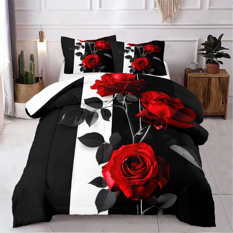 CCoutueChen Rose Comforter Set King Black Red Bedding Set Striped Floral Bedding for Women Aesthetic Comforter with 2 Pillowcases, Ultra Soft Lightweight 3Pieces - Image 1