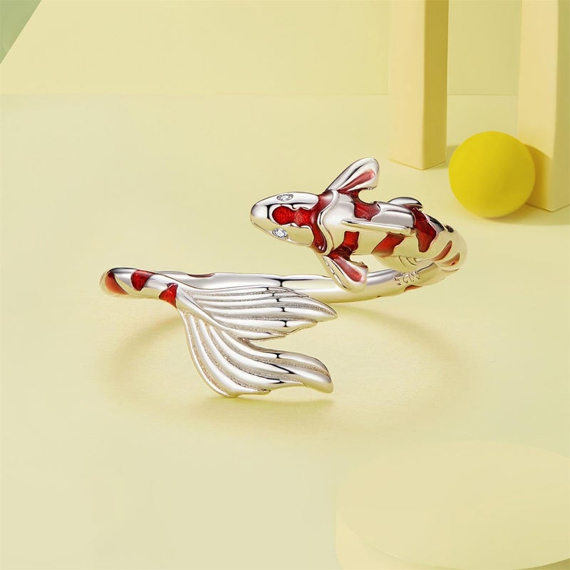 BISAER 925 Sterling Silver Ring Adjustable Cute Unique Cat Snake Butterfly Dragonfly Fashionable Ring For Women Jewelry (red fish) - Image 2