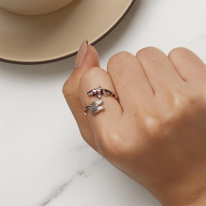 BISAER 925 Sterling Silver Ring Adjustable Cute Unique Cat Snake Butterfly Dragonfly Fashionable Ring For Women Jewelry (red fish) - Image 3