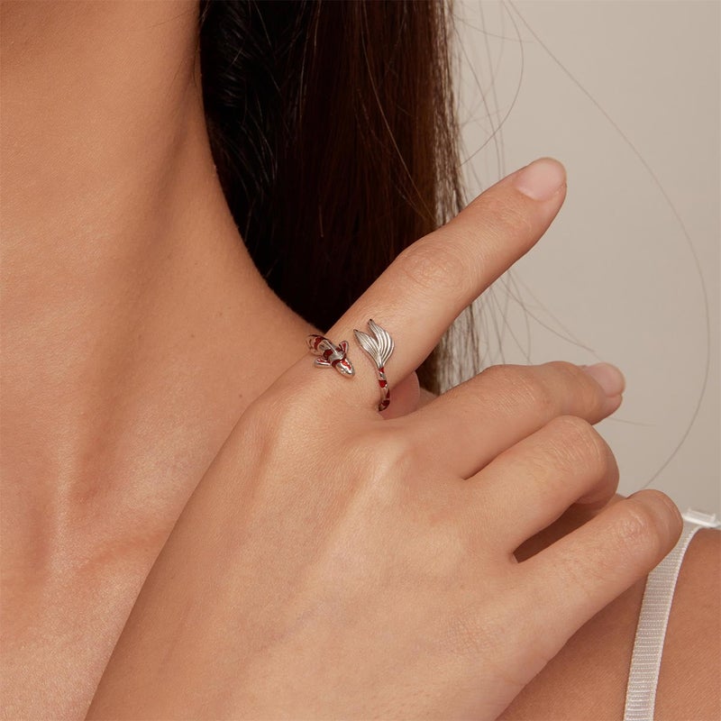 BISAER 925 Sterling Silver Ring Adjustable Cute Unique Cat Snake Butterfly Dragonfly Fashionable Ring For Women Jewelry (red fish) - Image 4
