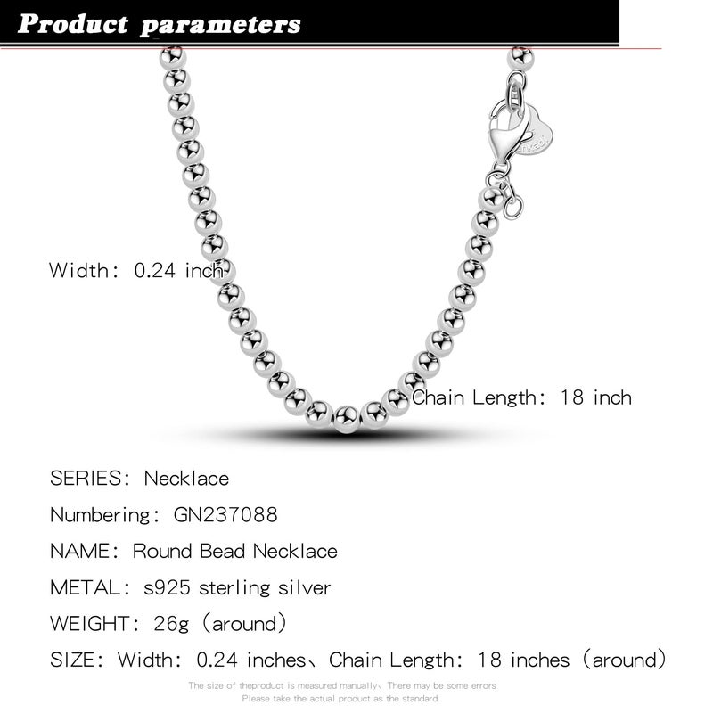 H&Beautimer 925 Sterling Silver 4MM 6MM Bead Chain Necklace-Italian Handmade Bead Ball Necklace-Women Jewelry 18-34'' (26 Inch, 6MM Width) - Image 2