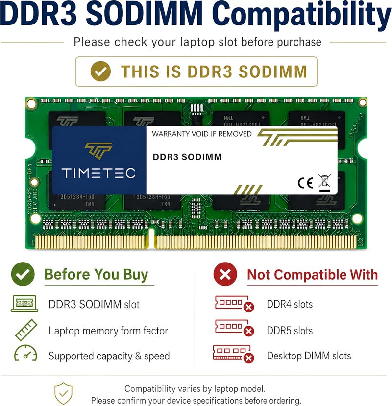 تايم تيك تيمتيك 80 جيجابايت كيت (10x8 جيجابايت) DDR3L / DDR3 1600 ميجاهرتز (DDR3L-1600) PC3L-12800 / PC3-12800 غير ECC غير مخزّن 1.35 فولت/1.5 فولت CL11 2Rx8 ثنائي الرتبة 204 سن SODIMM ترقية وحدة ذاكرة وصول عشوائي للكمبيوتر المحمول والمكتبي - Image 4