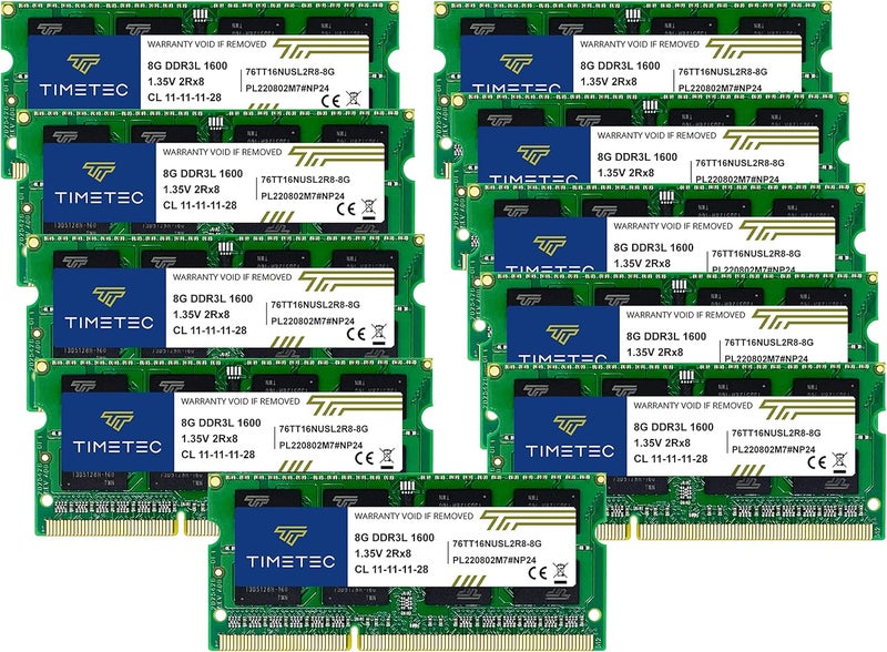 تايم تيك تيمتيك 80 جيجابايت كيت (10x8 جيجابايت) DDR3L / DDR3 1600 ميجاهرتز (DDR3L-1600) PC3L-12800 / PC3-12800 غير ECC غير مخزّن 1.35 فولت/1.5 فولت CL11 2Rx8 ثنائي الرتبة 204 سن SODIMM ترقية وحدة ذاكرة وصول عشوائي للكمبيوتر المحمول والمكتبي - Image 1