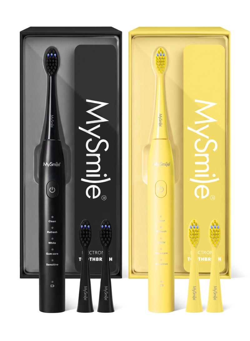 ماي سمايل فرشاة أسنان كهربائية MySmile DY156 للبالغين، قابلة لإعادة الشحن بتقنية الصوت مع بطارية وفرشاة محمولة مع 3 رؤوس فرشاة، مؤقت ذكي لمدة دقيقتين و5 أوضاع، 45000 نبضة في الدقيقة، شحنة واحدة تدوم 60 يومًا (أسود، متوسط) & فرشاة أسنان كهربائية MySmile DY156 للبالغين، قابلة لإعادة الشحن ومحمولة بتقنية الصوت مع 3 رؤوس فرشاة، مؤقت ذكي لمدة دقيقتين و5 أوضاع، 45000 دورة في الدقيقة، شحنة واحدة تدوم 60 يومًا (أصفر، الحجم المتوسط) مجموعة - Image 1