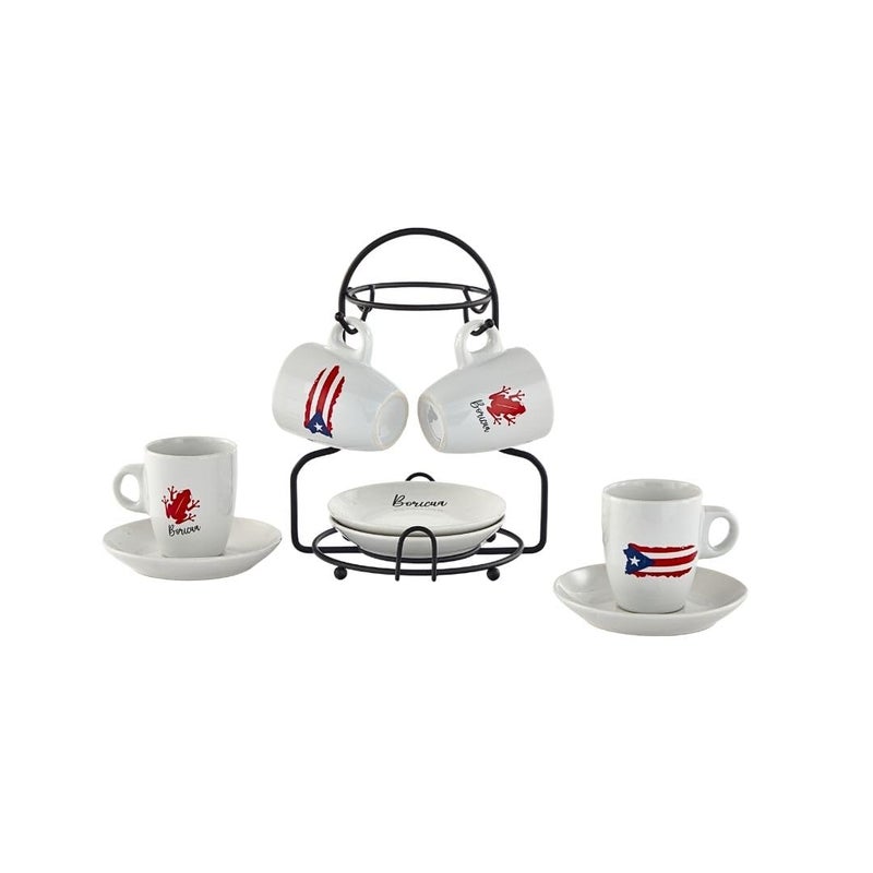 IMUSA 8pc 3oz Boricua Espresso Cups  Saucers Set wRack