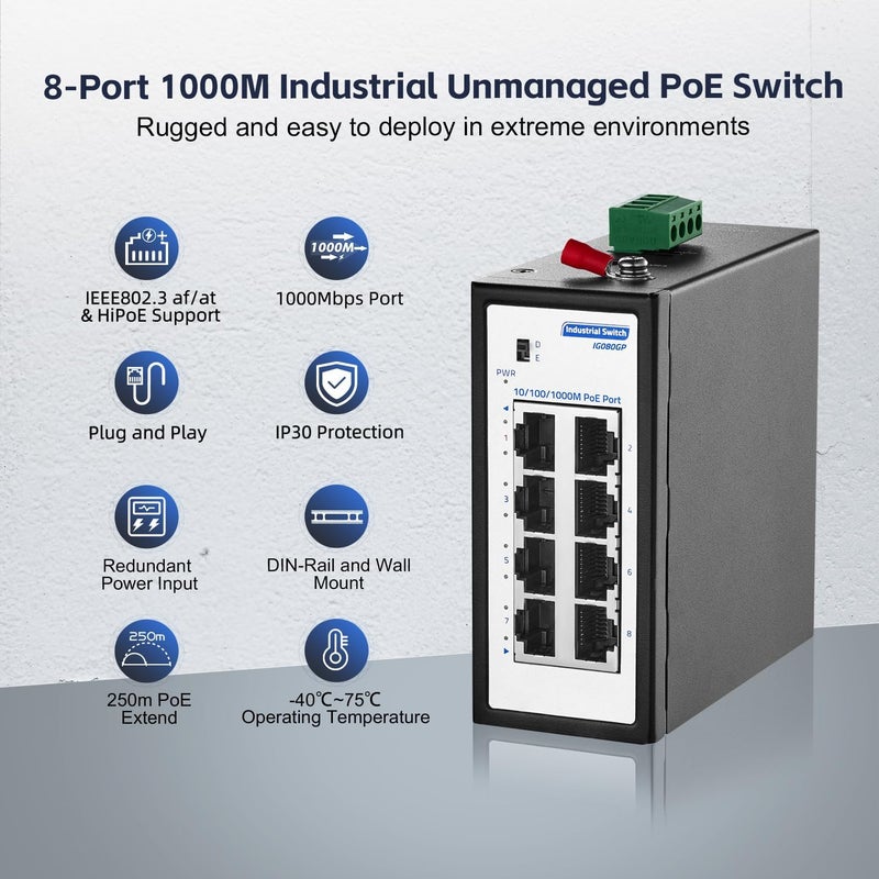 مفتاح صناعي صغير ذو 8 منافذ جيجابت PoE+، إيثرنت 100/1000 ميجابت/ثانية، معيار IEEE802.3AF/AT POE+، للسكة الدين والتركيب على الحائط، مفتاح PoE صناعي غير مُدار IP30 مقوى (-40~185°ف) من يو لينكا - Image 2