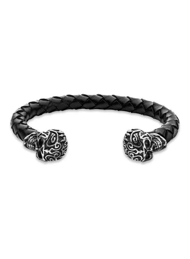 POLICE Tribal Black Leather with Ornate Silver Skull Ends Bangle Bracelet for Men