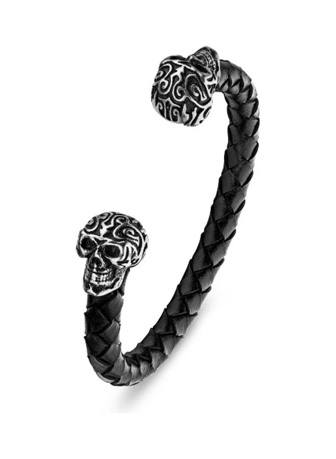 POLICE Tribal Black Leather with Ornate Silver Skull Ends Bangle Bracelet for Men