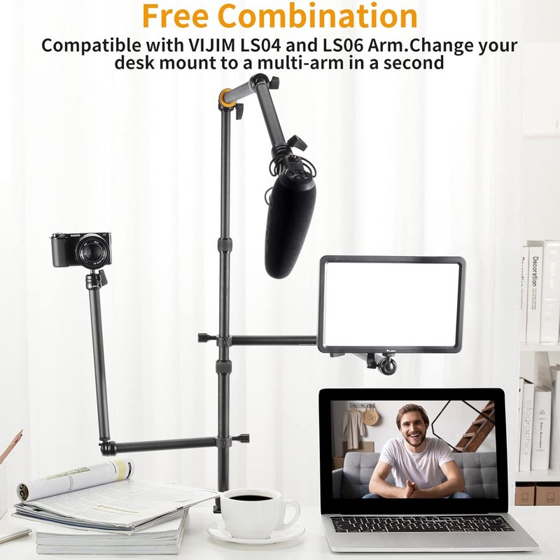 JUSMO Camera Desk Mount with Auxiliary Holding Arm, Overhead Camera Mount with 360° Ballhead and Phone Grip, Table C-Clamp Multi Mount Stand for DSLR, Phone, Light, Webcam and More Light durable upgraded substance - Image 5