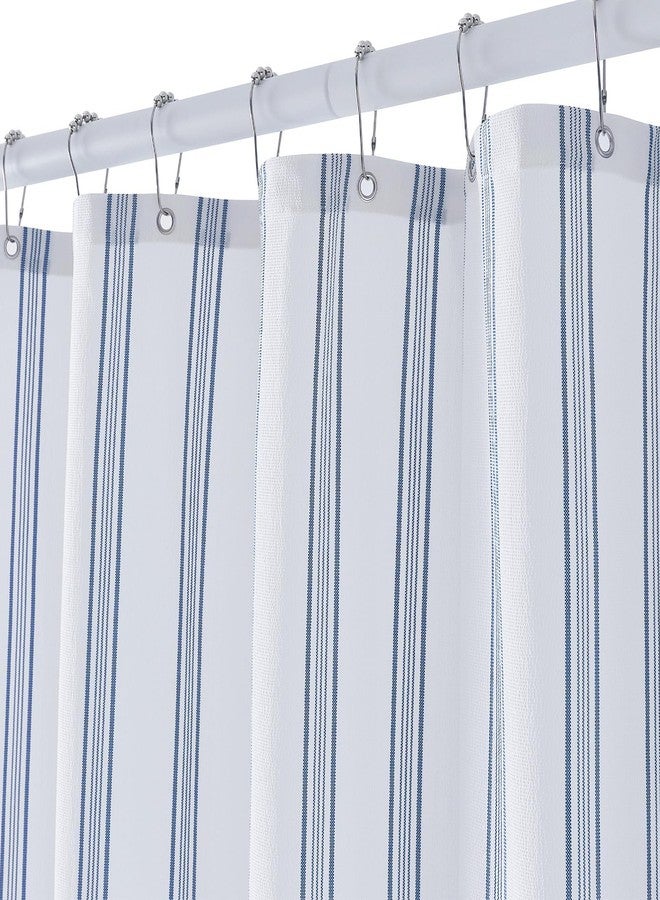 ORTIGIA Blue and White Striped Shower Curtain with 12 Metal Hooks, Crinkled Lightweight Textured Fabric Modern Farmhouse Minimalist Bathroom Curtain 72x72 Inch - Image 1