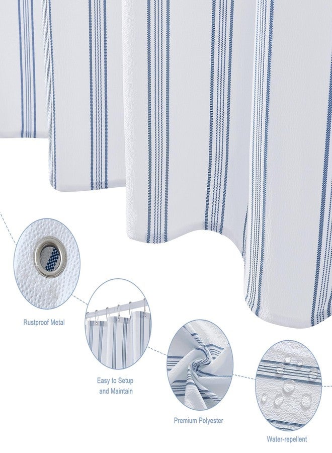 ORTIGIA Blue and White Striped Shower Curtain with 12 Metal Hooks, Crinkled Lightweight Textured Fabric Modern Farmhouse Minimalist Bathroom Curtain 72x72 Inch - Image 2