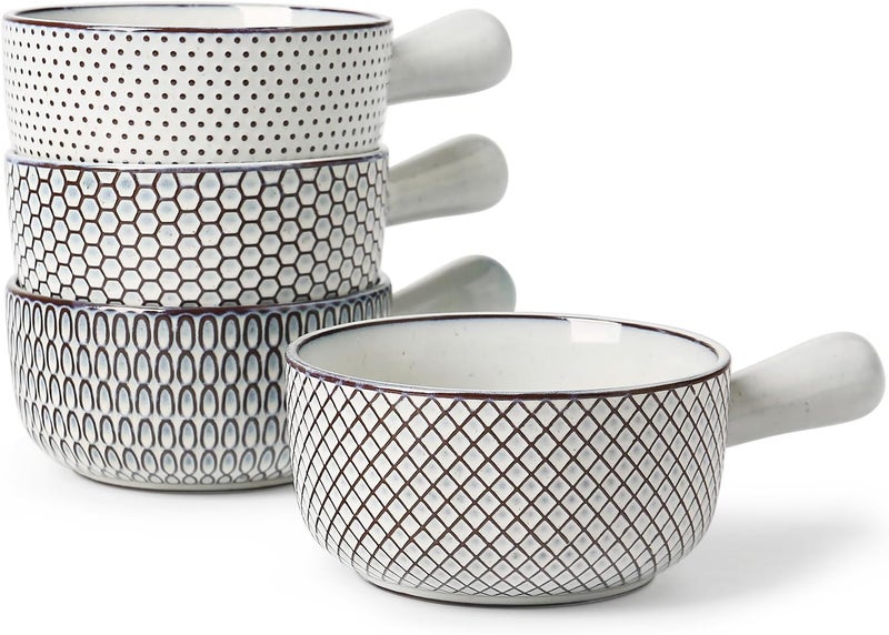 MONITO أوعية حساء البصل الفرنسي MONITO سعة 28 أونصة مع مقابض قابلة للتكديس من السيراميك مجموعة من 4 أوعية حساء آمنة للاستخدام في الفرن والميكروويف وغسالة الصحون للحساء ومرق اللحم والمعكرونة باللونين الأبيض والأزرق - Image 1