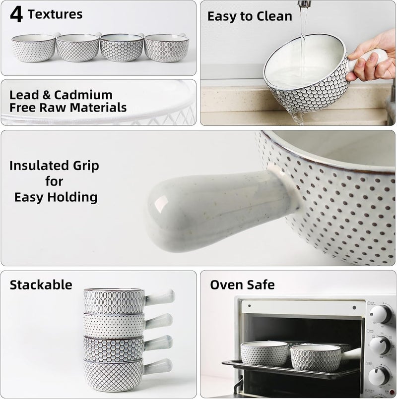 MONITO أوعية حساء البصل الفرنسي MONITO سعة 28 أونصة مع مقابض قابلة للتكديس من السيراميك مجموعة من 4 أوعية حساء آمنة للاستخدام في الفرن والميكروويف وغسالة الصحون للحساء ومرق اللحم والمعكرونة باللونين الأبيض والأزرق - Image 2