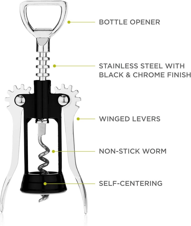True Soar Winged Corkscrew Wine Opener, Multi-Purpose Bottle Opener for Beer and Soda, Stainless Steel with Chrome Finish, Easy to Remove Cork for Bartenders, Home Bar, Kitchen, Set of 1, Black - Image 1