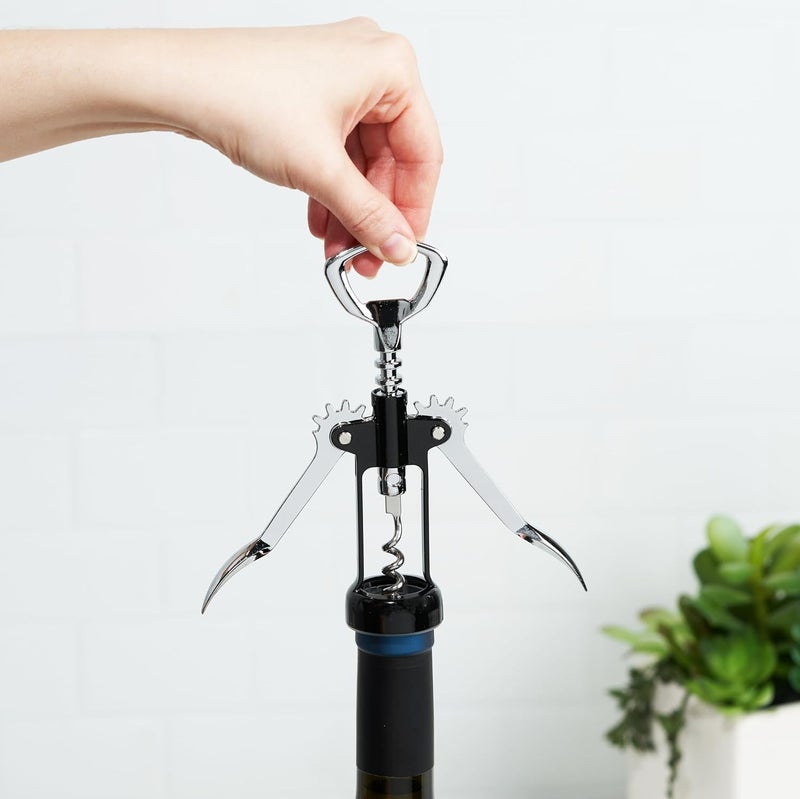 True Soar Winged Corkscrew Wine Opener, Multi-Purpose Bottle Opener for Beer and Soda, Stainless Steel with Chrome Finish, Easy to Remove Cork for Bartenders, Home Bar, Kitchen, Set of 1, Black - Image 3