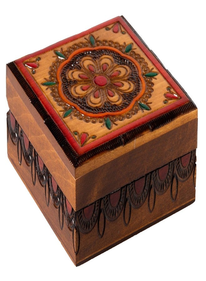 Artisan Owl Polish Handmade Dream Catcher Floral Ornamented Crest 4" Wooden Box with Red Interior, Perfect for Keepsakes and Special Items - Image 1