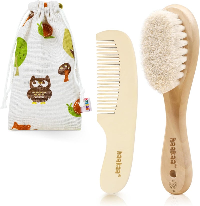 haakaa Baby Hair Brush and Comb Set for Newborns & Toddlers - Natural Soft Goat Bristles and Wooden Handle, Gently Grooms Baby's Hair, Ideal for Cradle Cap, Perfect Baby Gift, 2pk - Image 1
