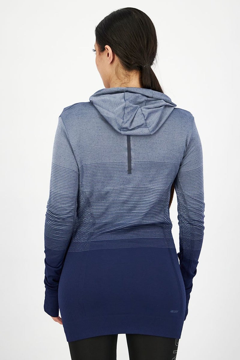 New Balance Women Sportswear Fit Long Sleeves Hooded Training Tee, Grey and Navy - Image 3