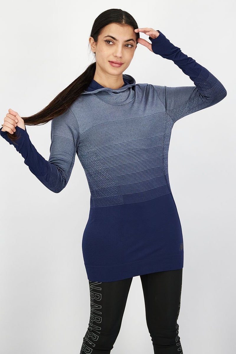 New Balance Women Sportswear Fit Long Sleeves Hooded Training Tee, Grey and Navy - Image 1
