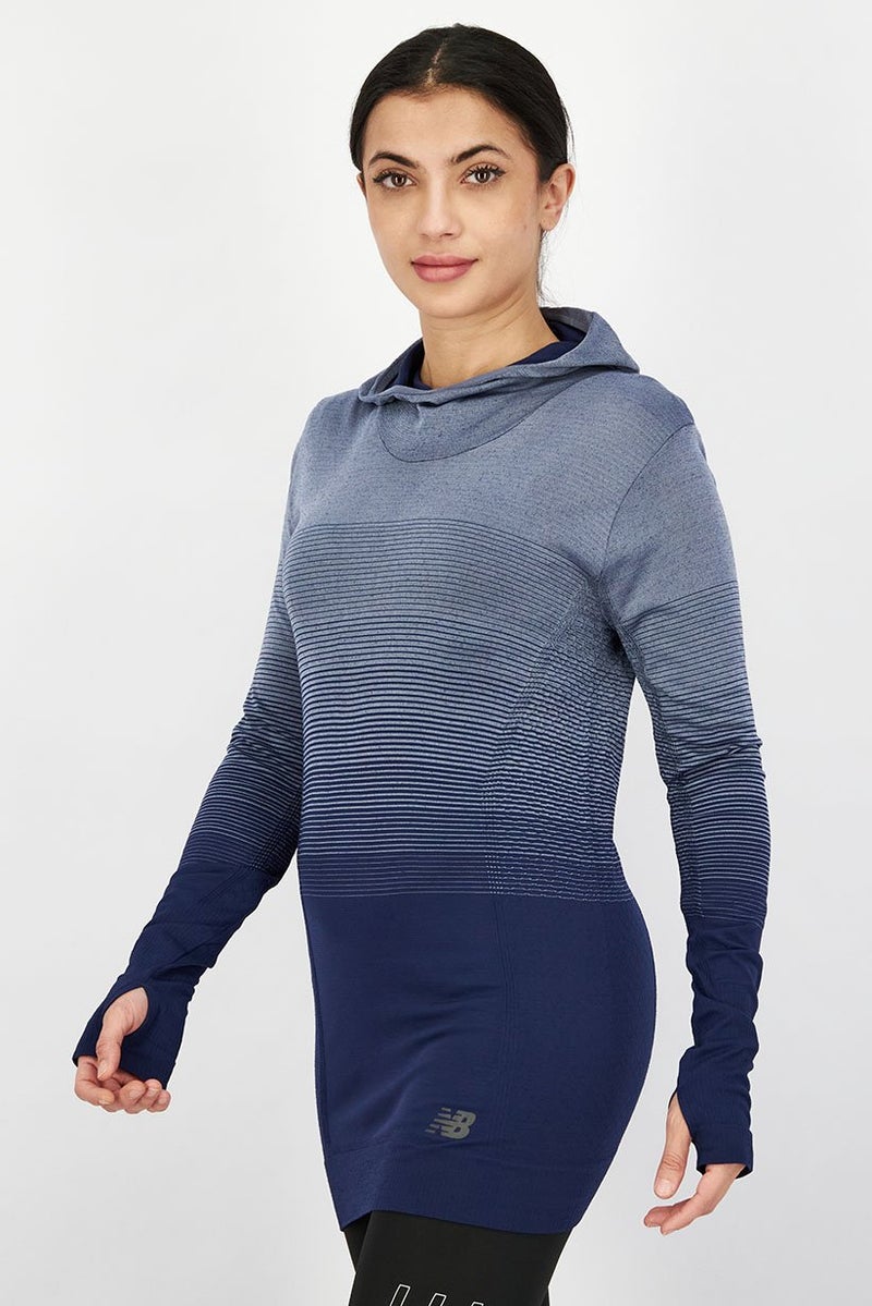 New Balance Women Sportswear Fit Long Sleeves Hooded Training Tee, Grey and Navy - Image 2
