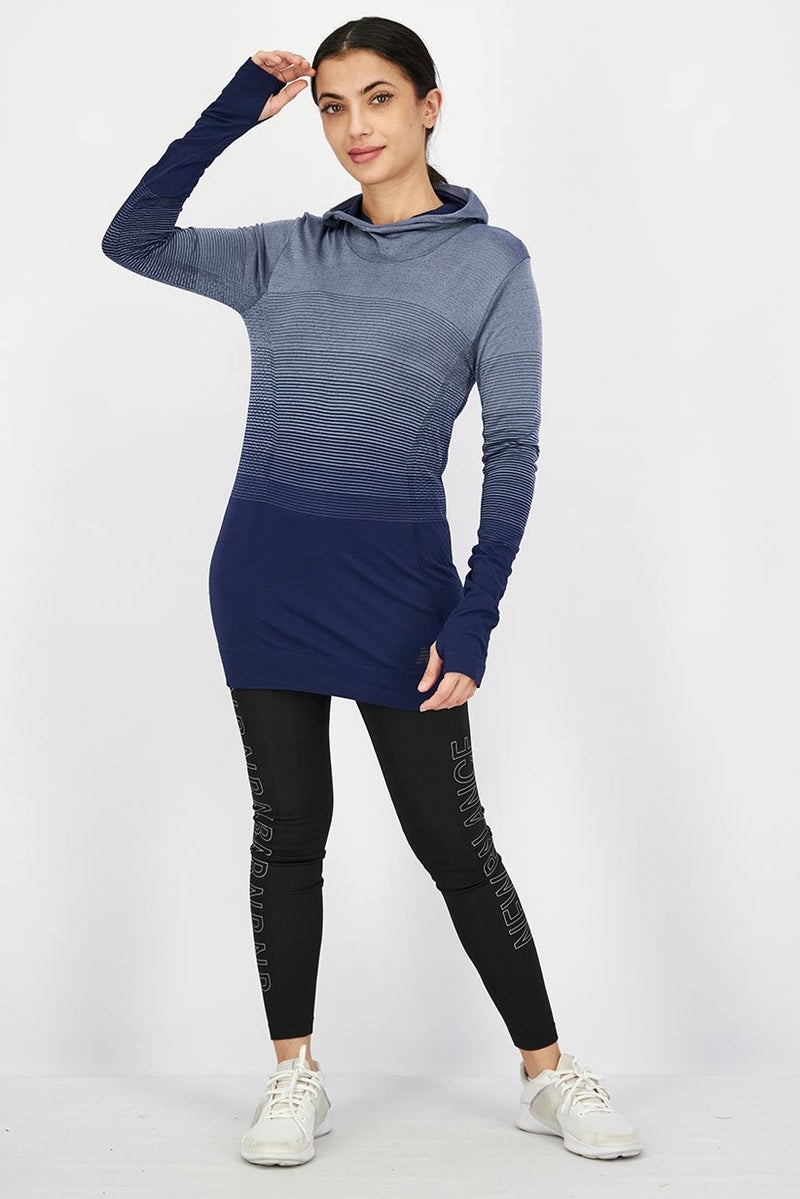 New Balance Women Sportswear Fit Long Sleeves Hooded Training Tee, Grey and Navy - Image 4