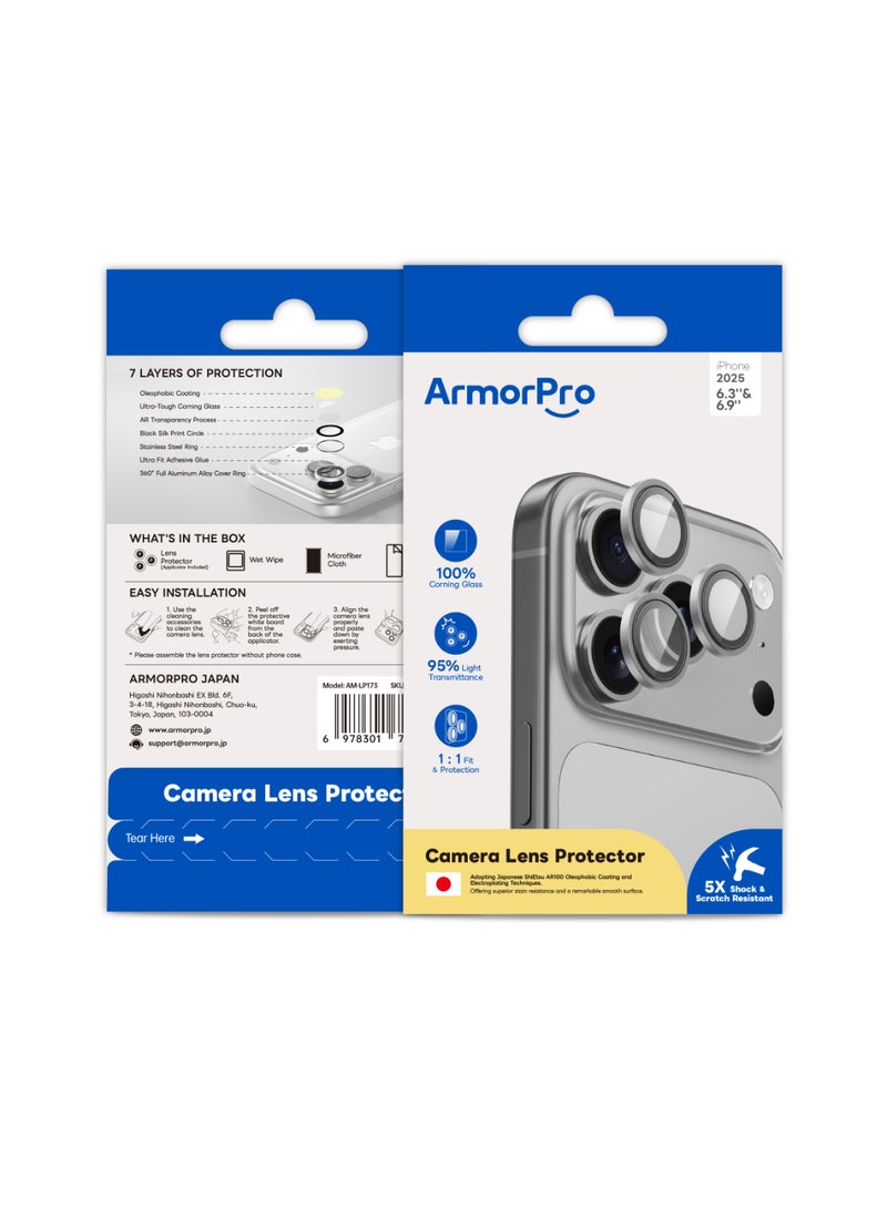 ArmorPro Camera Lens Protector Original Titanium for iPhone 17 Pro and 17 Pro Max Titanium finish lens cover with metallic frame 9H hardness and crystal clear lens protection Grey - Image 1