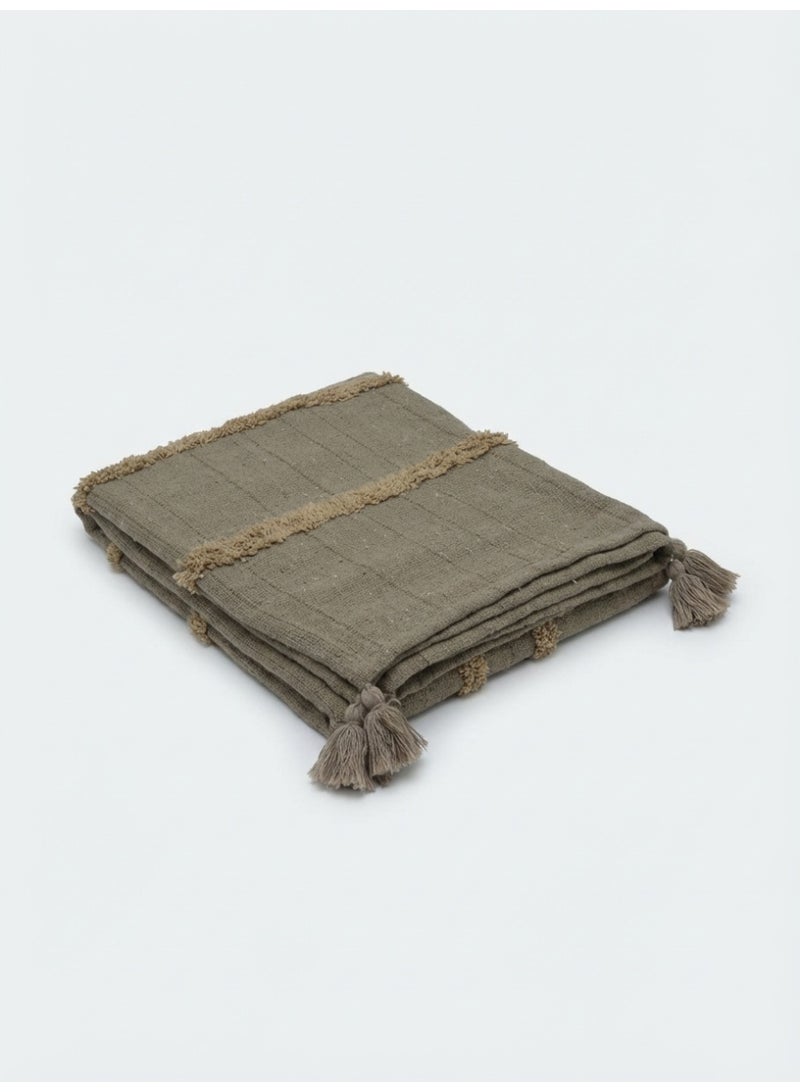 Ambrosia 130 x 160 cm Premium Cotton Throw Blanket Mocha Brown with Boho Tassels and Tufted Stripes for Sofa Bed Decor and Travel - Image 1