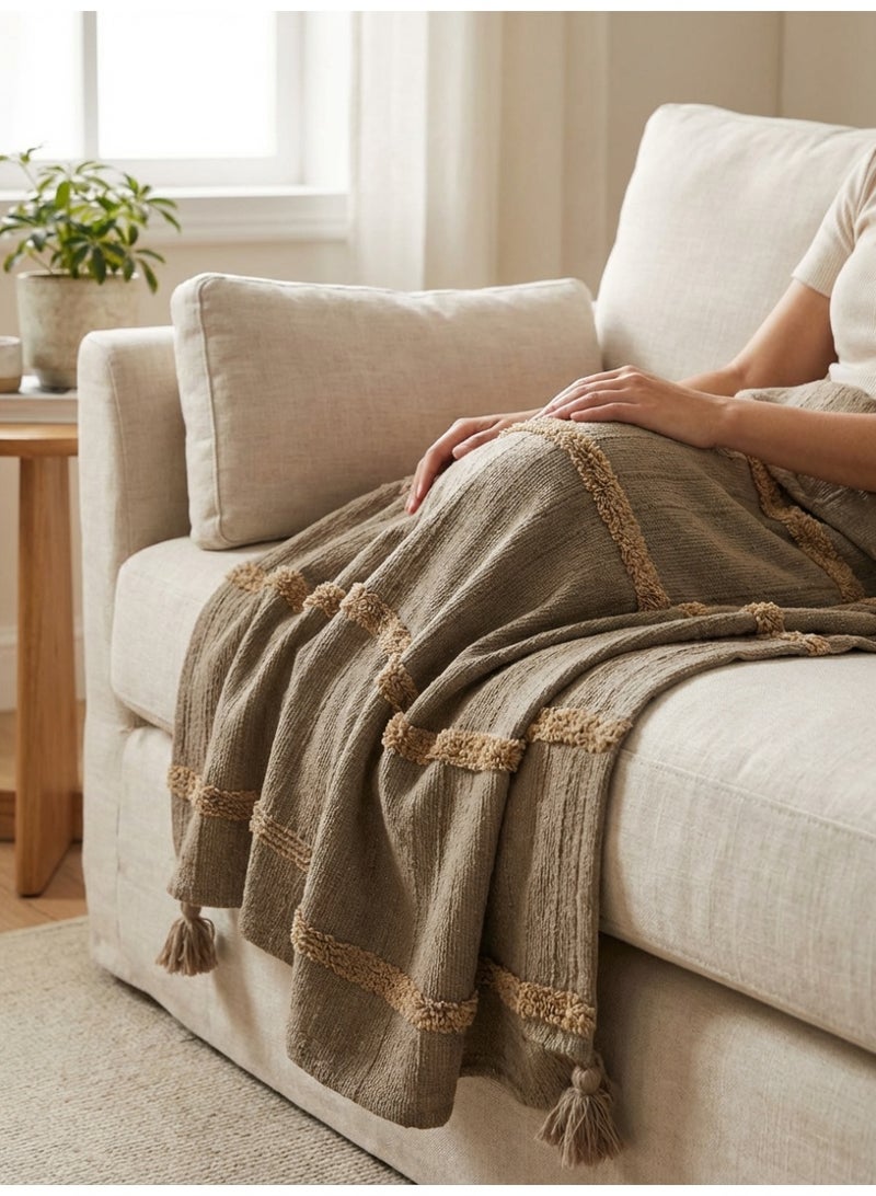 Ambrosia 130 x 160 cm Premium Cotton Throw Blanket Mocha Brown with Boho Tassels and Tufted Stripes for Sofa Bed Decor and Travel - Image 2