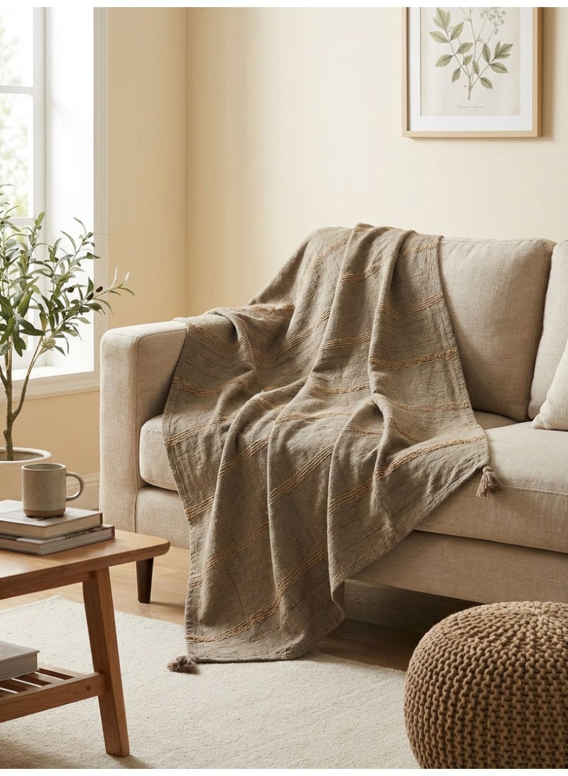 Ambrosia 130 x 160 cm Premium Cotton Throw Blanket Mocha Brown with Boho Tassels and Tufted Stripes for Sofa Bed Decor and Travel - Image 4
