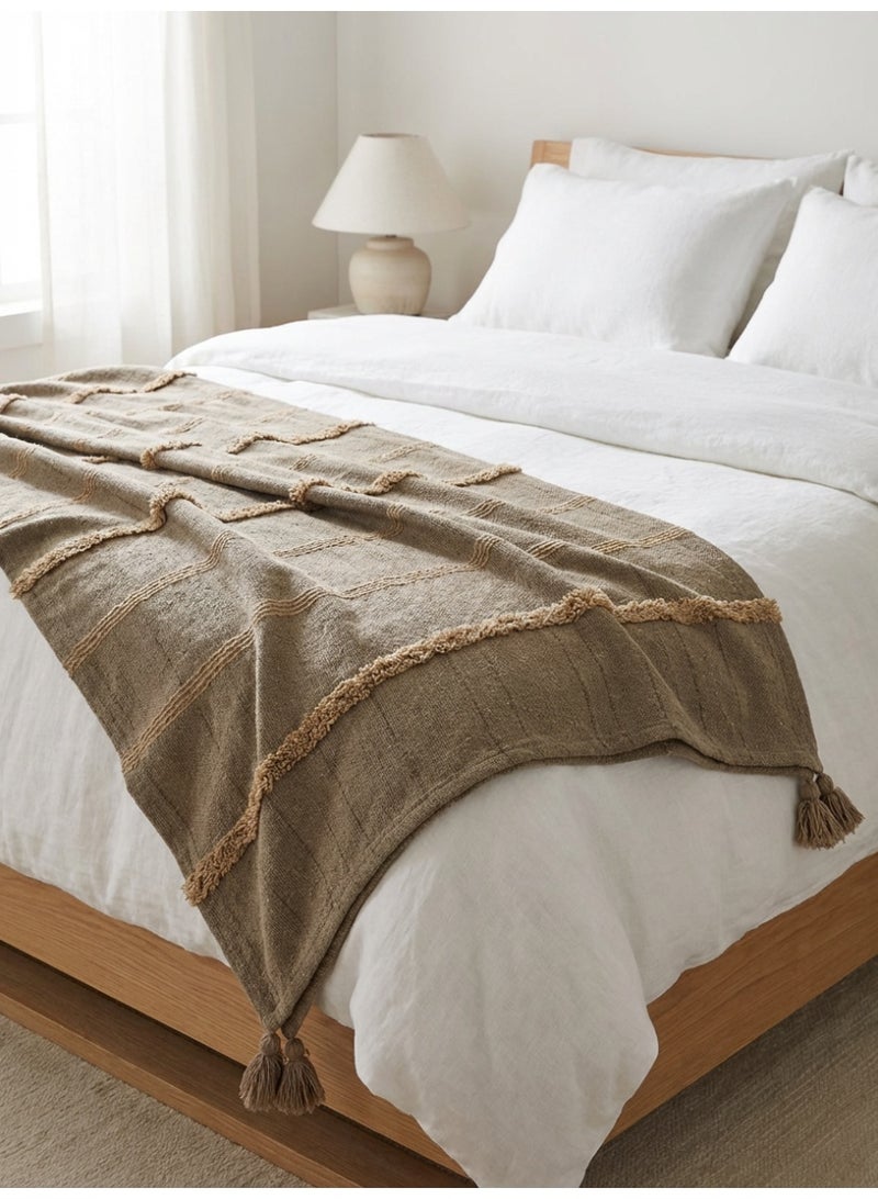 Ambrosia 130 x 160 cm Premium Cotton Throw Blanket Mocha Brown with Boho Tassels and Tufted Stripes for Sofa Bed Decor and Travel - Image 3