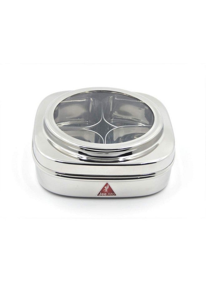 JEE ALTO Stainless Steel Square 4 Cups Dry Fruit/Masala Box/Spice Container/See Thru Masala Box 190 ml Each, Silver - Image 5