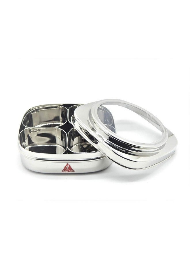 JEE ALTO Stainless Steel Square 4 Cups Dry Fruit/Masala Box/Spice Container/See Thru Masala Box 190 ml Each, Silver - Image 1