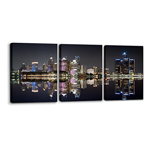 Pacimo 3 Pieces Panoramic Detroit Cityscape Picture Black and White Michigan Night Skyline Canvas Art Prints Wall Decoration for Bedroom Office Stretched and Framed Ready to Hang - 12" x 16" x 3 - Image 1