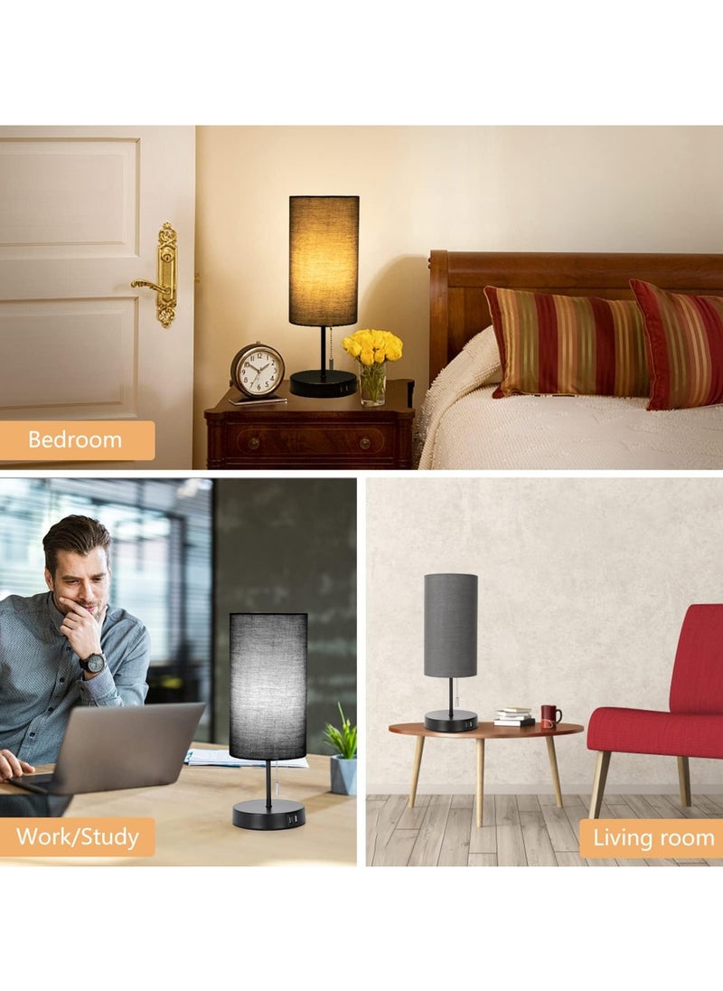 Linen Round Table Lamp Knob Dimmer Switch A+C USB Function Bedside Lamp 2 Holes AC