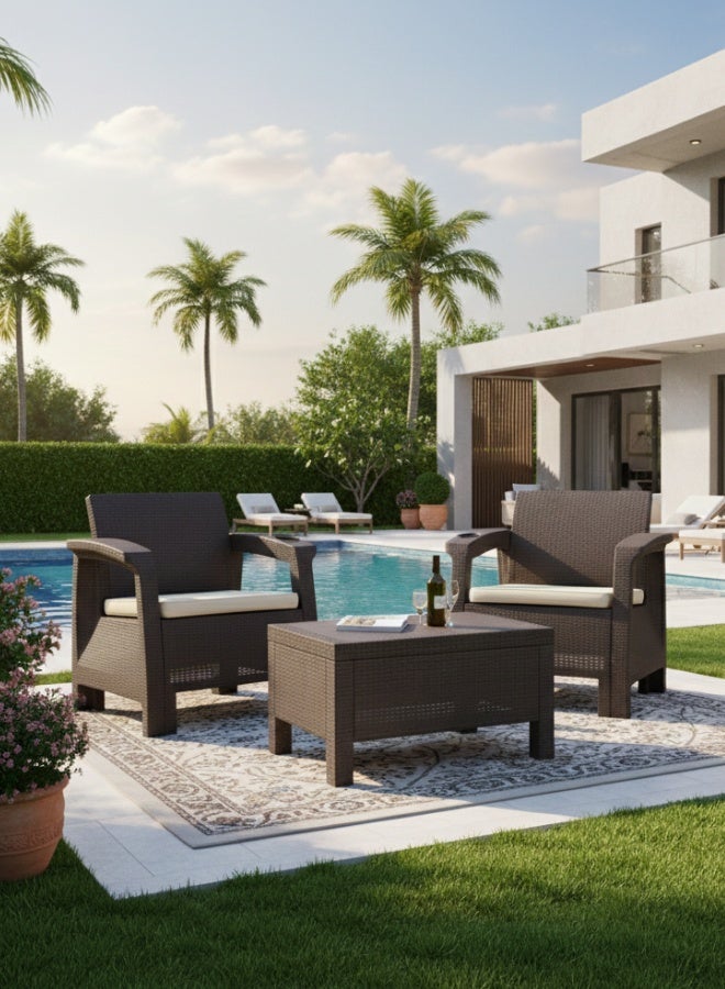 Marcolo 2-Seater Outdoor Sofa Set – Dark Brown Plastic Seating with Beige Seat Cushion & Coffee Table, Weather-Resistant Patio & Garden Furniture with Built-In Cup Holders - Image 1
