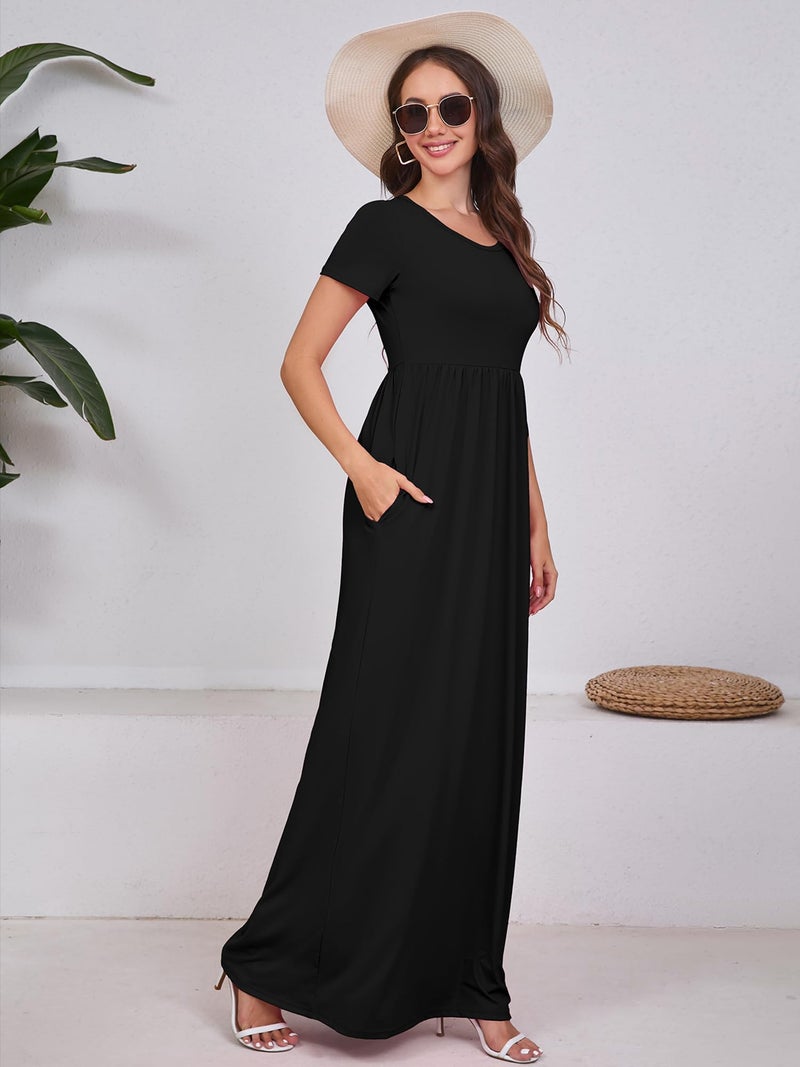 DEARCASE Maxi Dress for Women Black Small Crewneck Short Sleeves Wedding Guest A-line Casual Party Vintage Spring Summer Beach Long Dresses with Pockets - Image 4