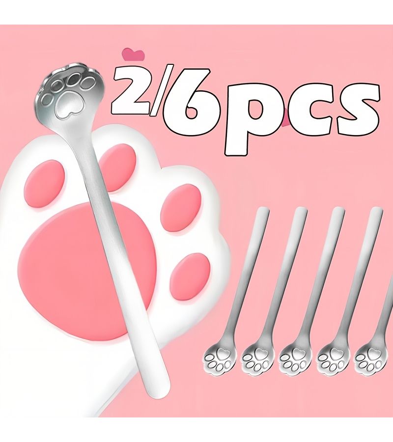 6pcs Stainless Steel Cat Claw Dessert Spoon Creative Cake Coffee Tea Spoon - Image 1